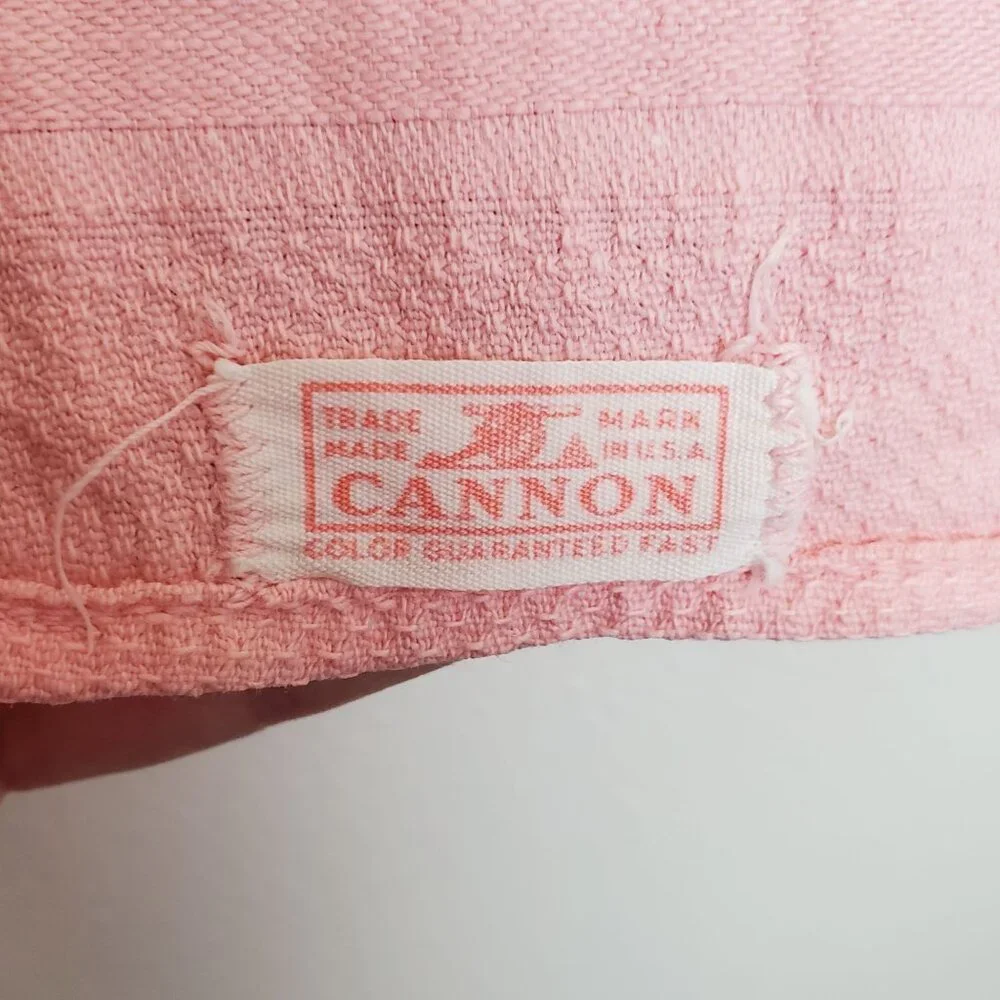 Vintage Cannon pink tea towel, green embroidery